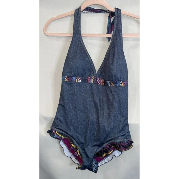 Coogi Size 16 One Piece Swimsuit Halter Top Denim Style Colorful Ruffles Beach - Picture 2 of 9
